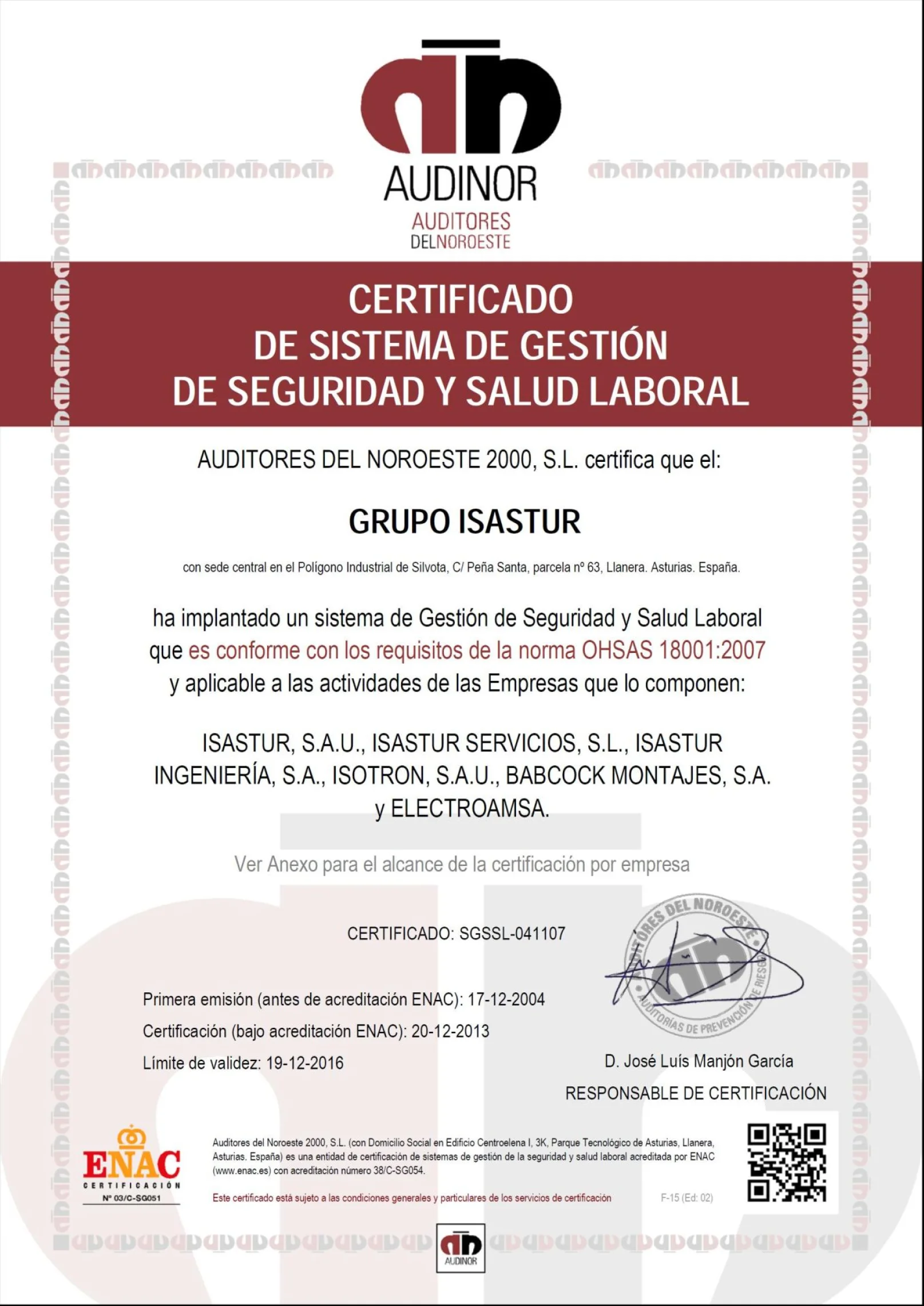Las empresas del Grupo ISASTUR renuevan hasta 2016 los certificados OHSAS 18001