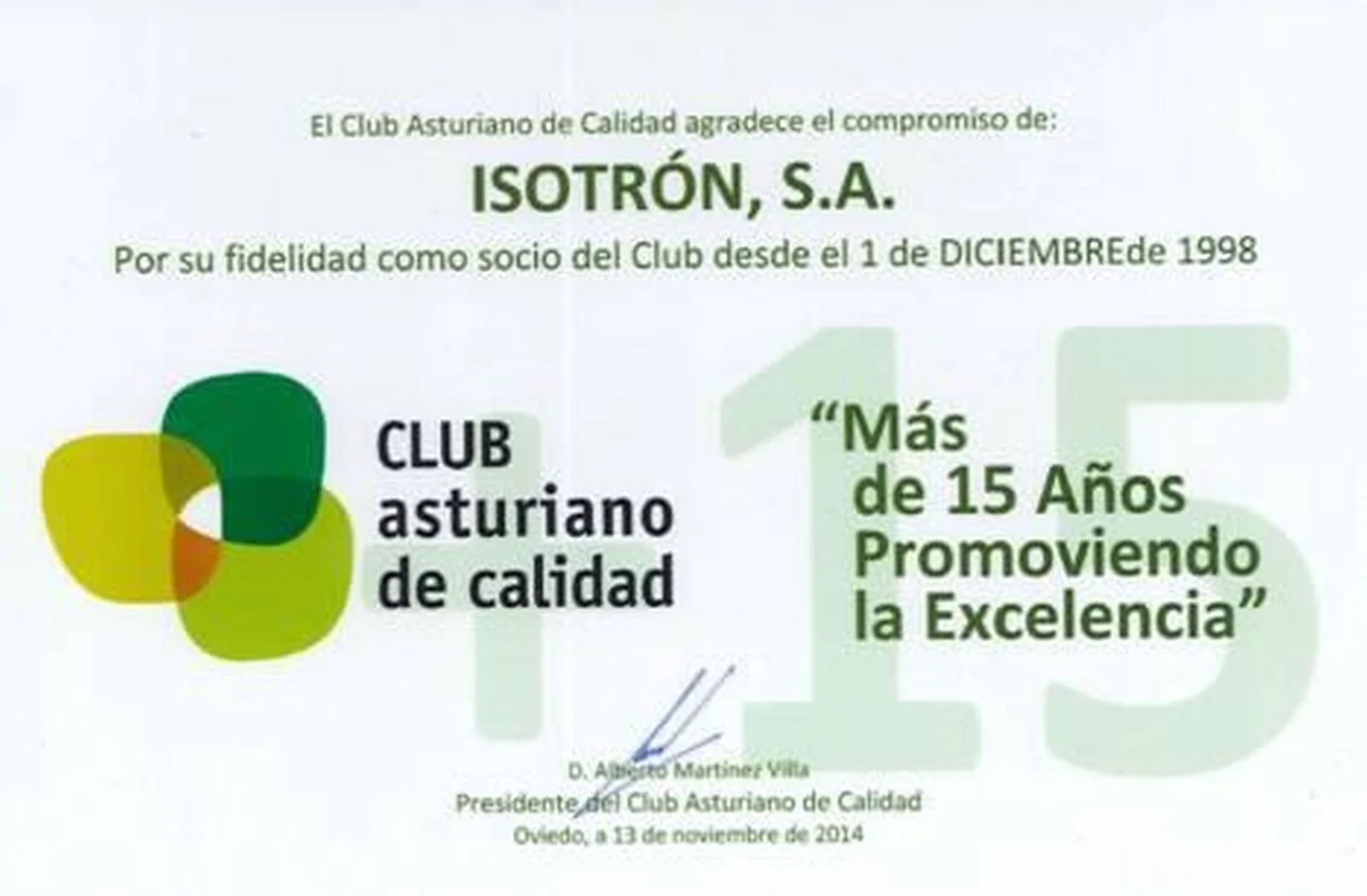 Premio a 15 años de promoción de la calidad