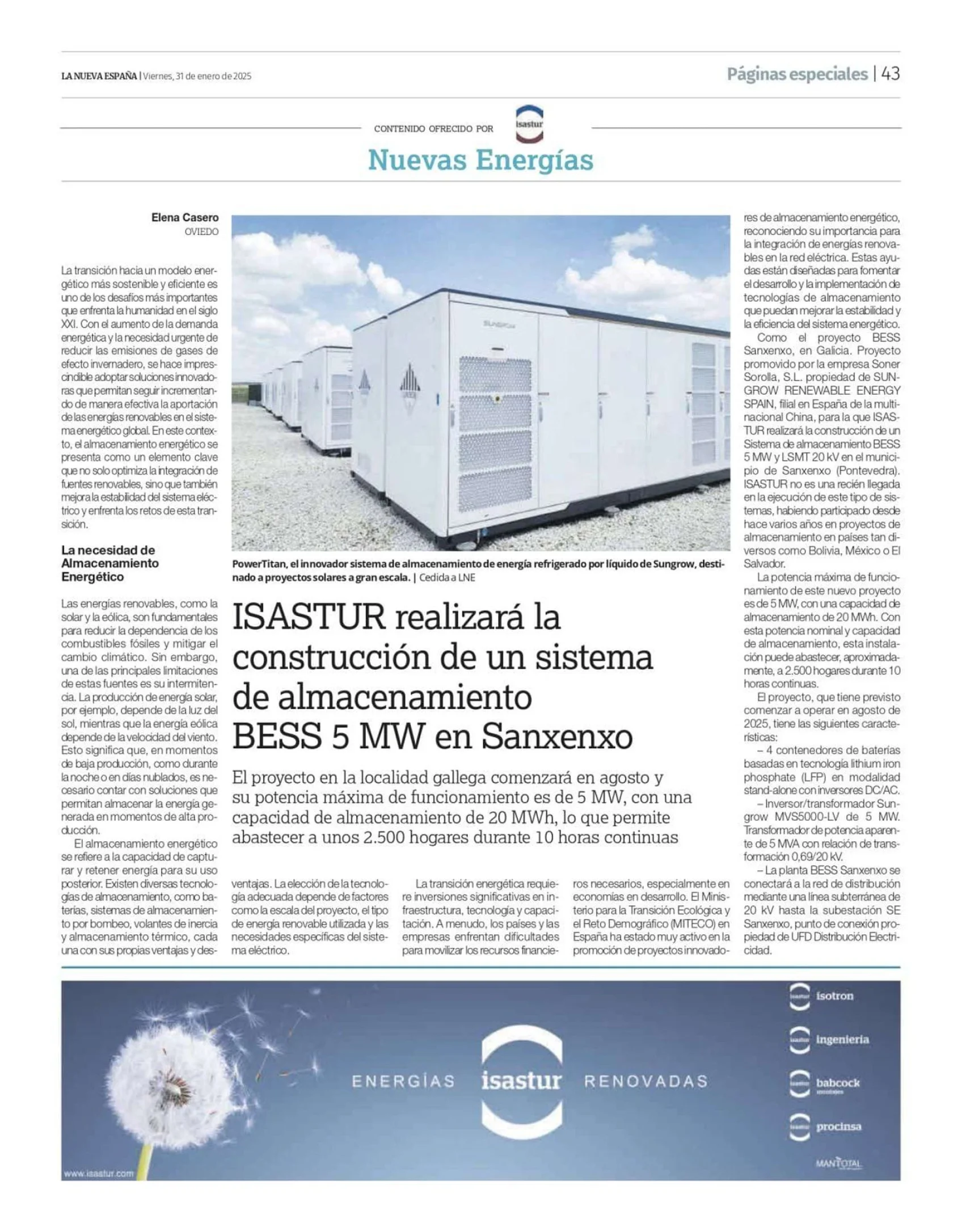ISASTUR realizará la construcción de un sistema de almacenamiento BESS 5 MW en Sanxenxo